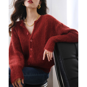 法式复古红色毛衣外套女秋冬2021气质温柔慵懒风短款针织开衫
