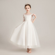 女童白色洋气长袖公主裙花童，婚纱儿童主持人晚礼服女孩走秀演出服