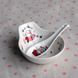 日本购回原盒KT猫凯蒂猫hello kitty陶瓷小碗勺子套装儿童碗勺
