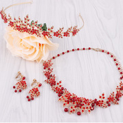 韩式新娘红色 项链耳环三件套装手工珍珠金色水钻套链结婚配