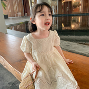 韩版洋气女童镂空泡泡，袖连衣裙夏装2024花边短袖儿童夏季裙子