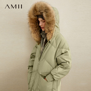 amii慵懒大毛领羽绒服，女2024冬时尚加厚宽松豆绿色中长款外套
