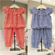 agabang阿卡邦女童格子，薄款套装韩国24夏季宝宝，飞袖t恤防蚊裤