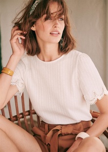 23年法式小众简洁设计感基础款袖口蕾丝花边短袖T恤 多色