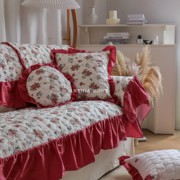 复古小玫瑰裙摆沙发垫大红纯棉法式坐垫，结婚喜庆防滑北欧简约欧式
