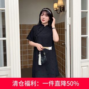雪纺提花黑色盘扣旗袍改良新中式显瘦胖MM短袖大码连衣裙夏装