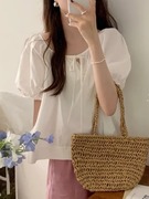 韩国chic夏季简约纯色甜美系带，圆领泡泡袖，衬衫宽松娃娃衫洋气上衣