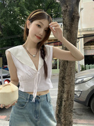 韩系白色系带无袖衬衫女夏季修身辣妹风气质，短款设计感上衣潮