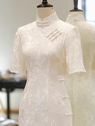 皇妃雅丽夏季新中式国风复古盘扣高级感改良旗袍白色印花连衣裙女