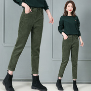 军绿色裤子女高腰，宽松显瘦哈伦裤，条绒2023春秋季灯芯绒休闲裤