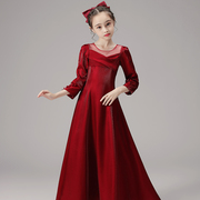 钢琴演奏礼服女童红色，演出服儿童表演公主，裙大童主持人礼服裙秋冬