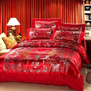 龙凤百子图婚庆用床品，大红色结婚四件套绸缎，床单被套床上用品