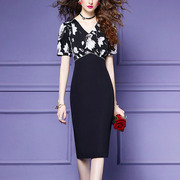黑色V领短袖连衣裙夏季法式高端轻熟高腰气质印花假两件包臀裙子