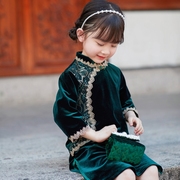 儿童旗袍中国风复古花边丝绒，旗袍女童连衣裙春秋儿童古风唐装