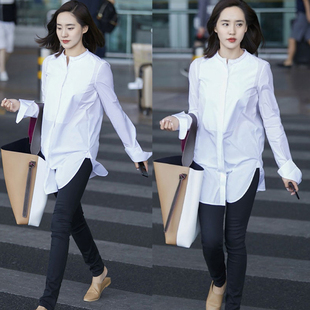立领纯棉白衬衫女韩版中长款大码显瘦性感长袖，衬衣2023年秋季女装