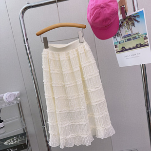 2024夏季女童甜美雪纺，裙垂感半身裙米色长裙，公主时髦蕾丝裙