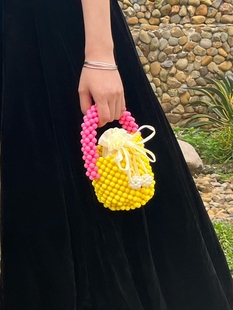 甜美新法式夏日仙女糖果色手工编织串珠珍珠水桶包手机手提斜挎包