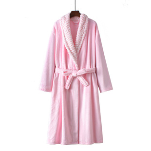 冬季原单欧美珊瑚绒浴袍，女加厚长款法兰绒，睡衣简约兔毛领家居服