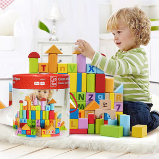 德国hape木制桶装80粒儿童，积木拼装益智玩具，智力动脑1-2-3到6周岁