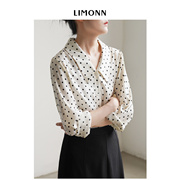 limonn法式复古尖领小波点长袖，衬衫女气质通勤v领上衣秋冬