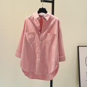 粉红色双口袋棉麻衬衫女2023夏季韩版宽松休闲衬衣BF风上衣潮