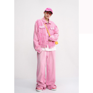 春秋季韩版牛仔休闲套装做旧粉红色个性设计感夹克外套直筒牛仔裤