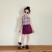 女童复古洋气套装2024夏季韩版无袖格子衬衫背心紫色半身裙短裙