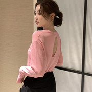 韩国东大门 2023春夏 复古肌理感薄款后背镂空长袖防晒针织衫