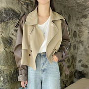 韩国chic秋季小众气质西装，领双排扣撞色拼接pu长袖短款风衣外套女