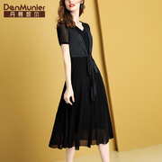 丹慕妮尔黑色网纱连衣裙女夏设计感小众亮丝拼接中长裙子