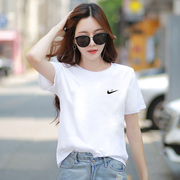 品牌纯棉短袖t恤女2024夏季宽松圆领白色正肩半袖上衣打底衫