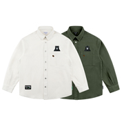mmlabkohibear咖啡熊logo军绿米白色，简约宽松加厚长袖衬衫外套