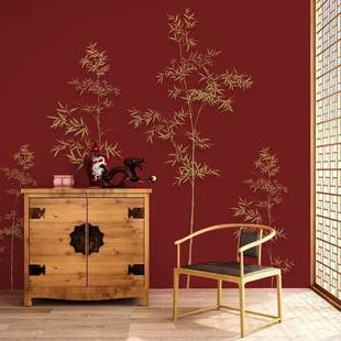中式墙纸客厅电视背景墙壁纸，古风竹子墙布日式茶室，红黑色简约壁画