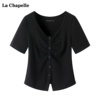 拉夏贝尔/La Chapelle黑色正肩V领t恤女夏季显瘦小众体恤上衣
