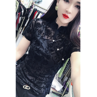 中国风夏装立领盘扣中式上衣女，短袖修身植绒，网纱t恤洋气小衫
