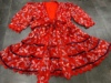 大红色印花V领前绑蝴蝶结腰带中袖短连衣裙