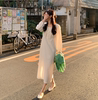 韩国长裙子2023春季清纯可爱少女风，褶皱长袖棉质连衣裙