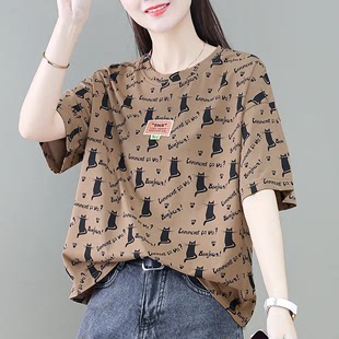 纯棉2023夏季韩版短袖T恤女时尚宽松印花卡通短款小个子上衣