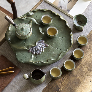 中式粗陶功夫茶具套装家用陶瓷茶盘办公室小茶台茶杯茶壶