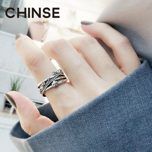 S925纯银轻奢戒指韩版个性时尚指环复古潮女款食指宽保色开环