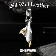 billwallleather中号鱼尾双鎏金蓝色，锆石太阳刻印吊坠，bwl纯银项链