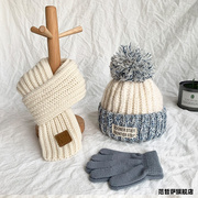儿童帽子围巾秋冬宝宝保暖加绒毛线，帽手套三件套男童女童针织帽~~