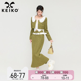 KEIKO法式复古橄榄绿两件套装春季蕾丝娃娃领短外套+包臀半身裙子