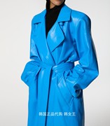 PAPERMOON韩国2024秋装女 廓形垫肩系带束腰长款PU皮外套大衣