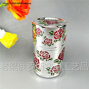 z1俄罗斯锡金属牙签筒，桶盒罐圆柱筒形亮银白色，红玫瑰精致厚重
