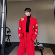 大红色本命年西服套装男士，春装个性刺绣，新中式飘带时髦小众两件套