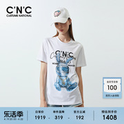 C'N'C品牌女装2024年夏季潮流机器兔字母烫钻白色短袖T恤女