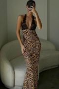 Lace suspender leopard print maxi dress蕾丝吊带豹纹连衣长裙