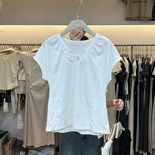 十三行女装2024春款白色系带，v领短袖t恤正肩，设计感小众体恤上衣薄
