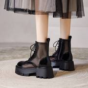 Kv。厚底马丁靴夏季镂空透气真皮短靴粗跟靴子增高女靴小个子薄款